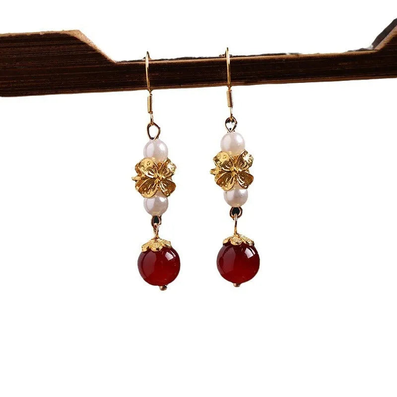 Vintage court style geometric drop earrings with electroplated finish for han cheongsam outfits