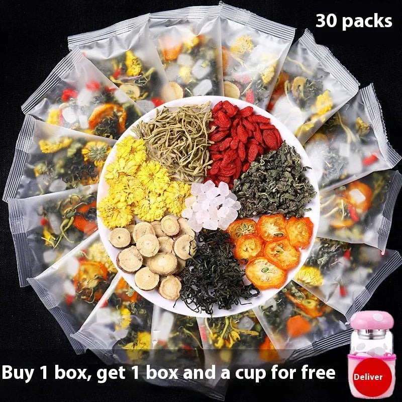 Honeysuckle chrysanthemum herbal tea loose leaf in box with triangular bags