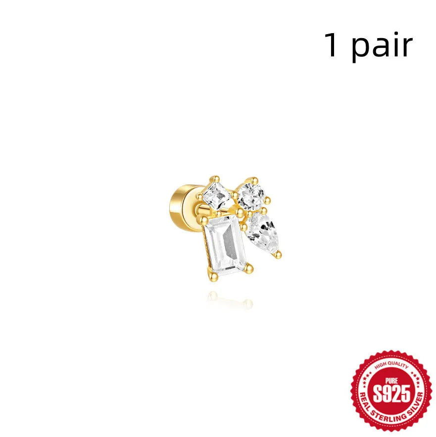 S925 sterling silver flat column geometric ear bone studs with thread detail in a gold colour finish