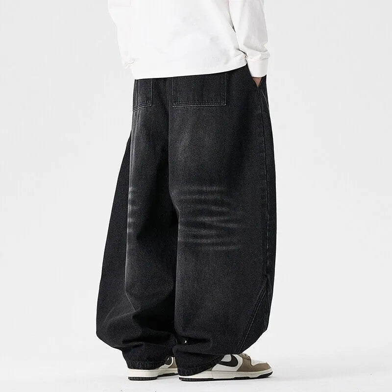 Men's plus size wide leg jeans in cotton denim fabric with straight cut trousers