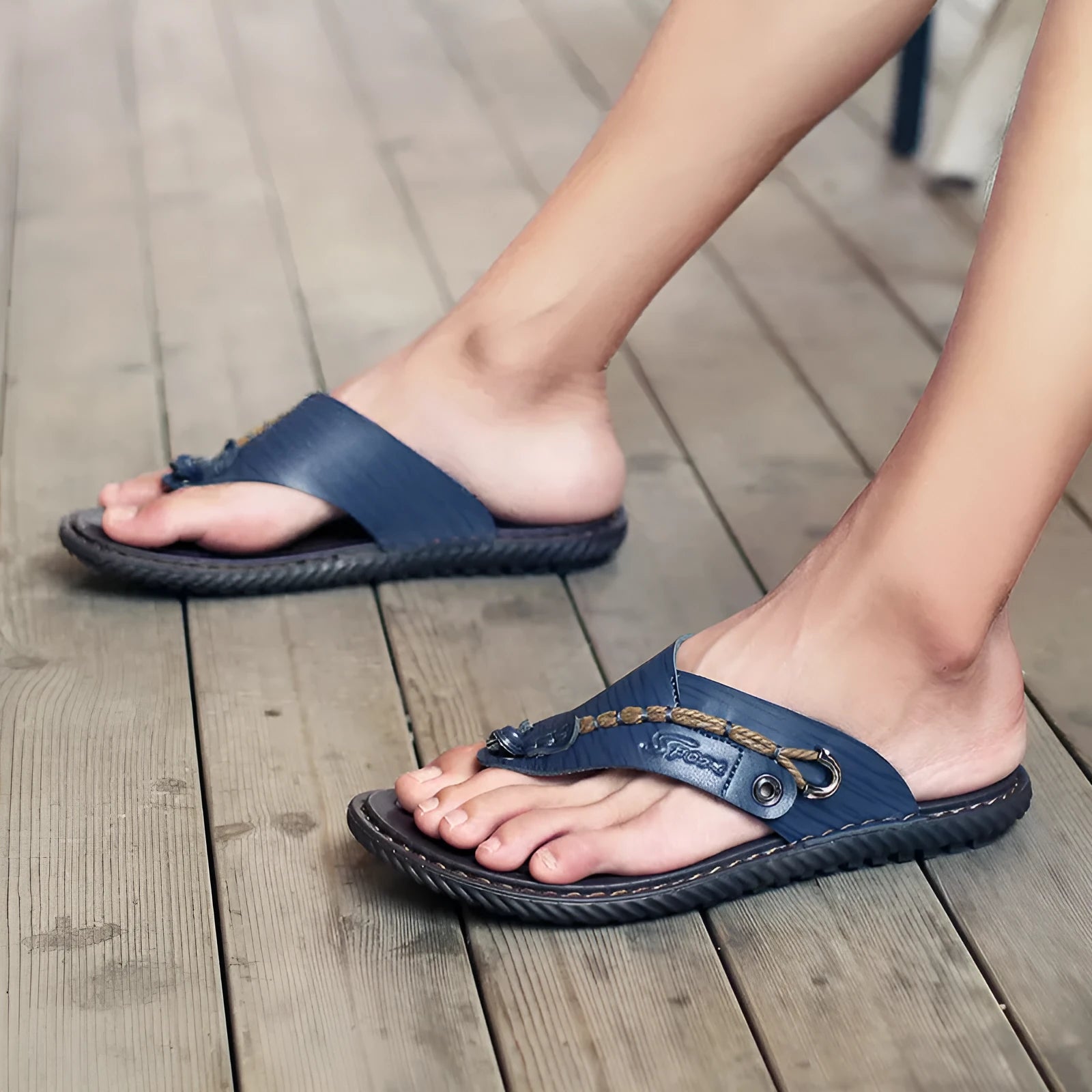 Men's non-slip slippers in light brown with a PU leather upper and textured rubber outsole.