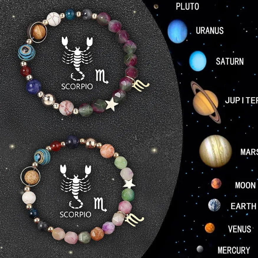 Twelve zodiac sign bracelets with natural stone beads arranged in a circle showing different designs