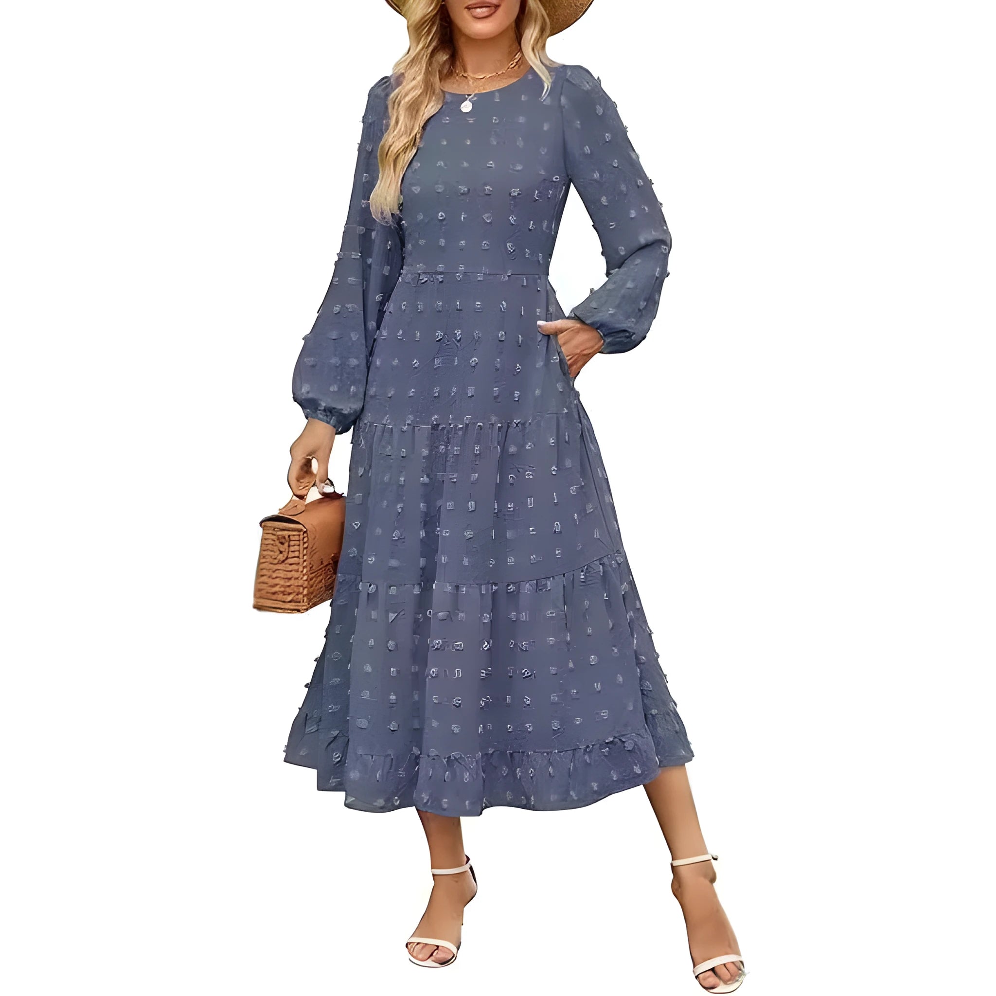 Women's long sleeve autumn dress with high waist and ruffle sleeves in solid colour