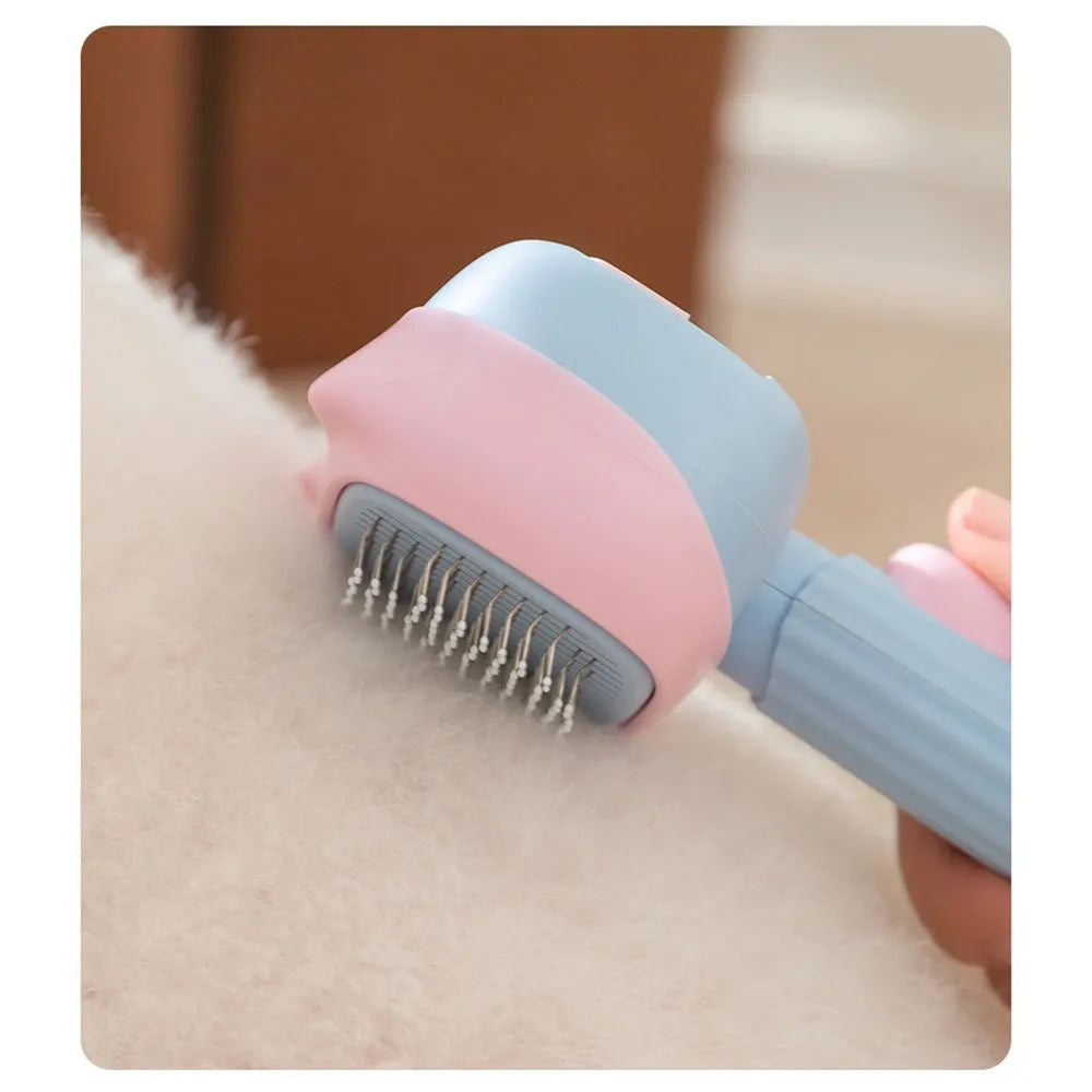 Blue and green double-sided pet grooming brush with deshedding rake and dematting comb on a white background