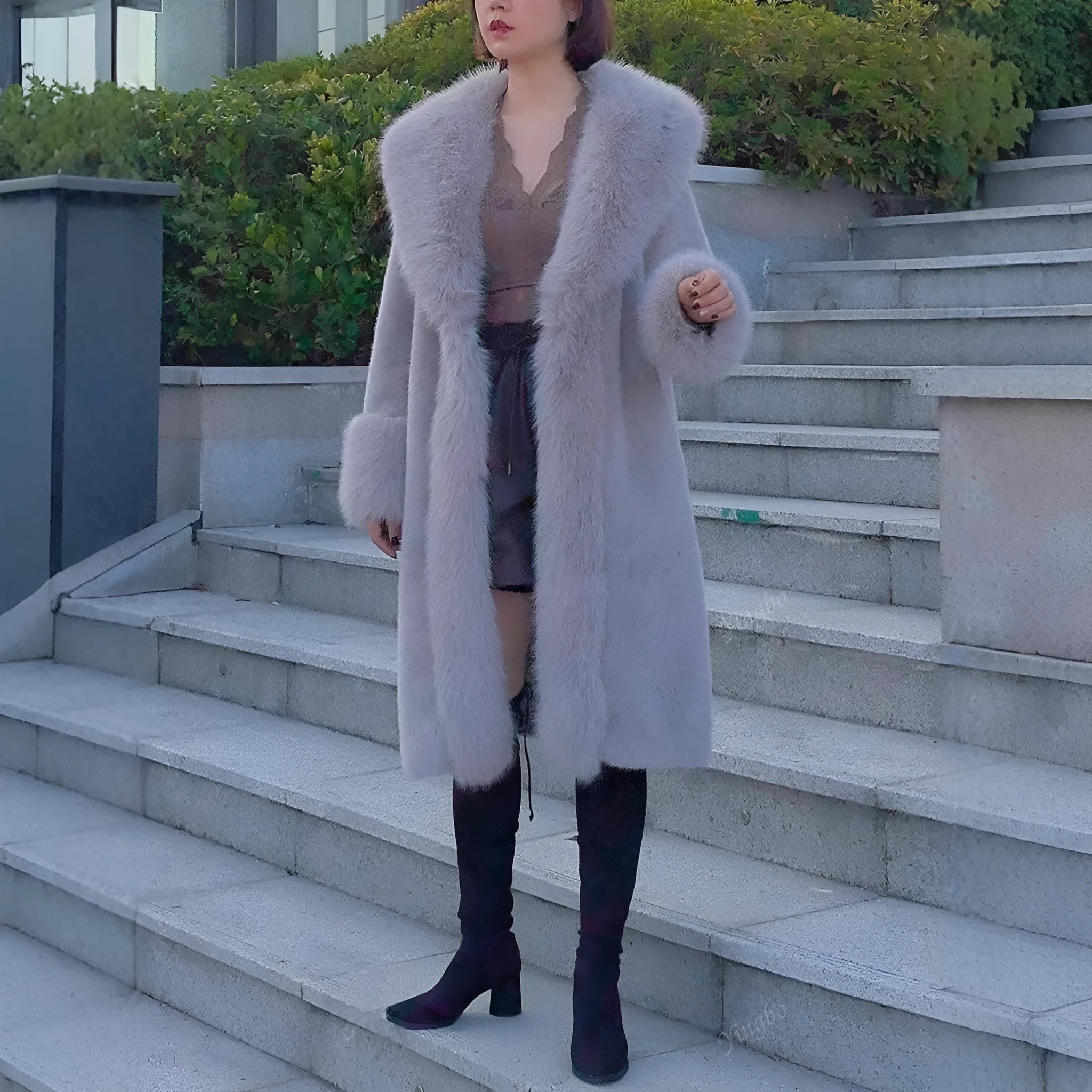 Women's thick grey faux rabbit fur mid-length coat with leather accents and a fur collar.