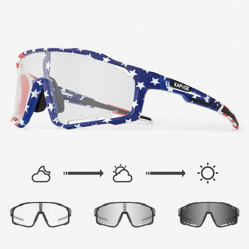 Photochromic cycling sunglasses with a semi-rimless TR90 frame on a solid colour background.