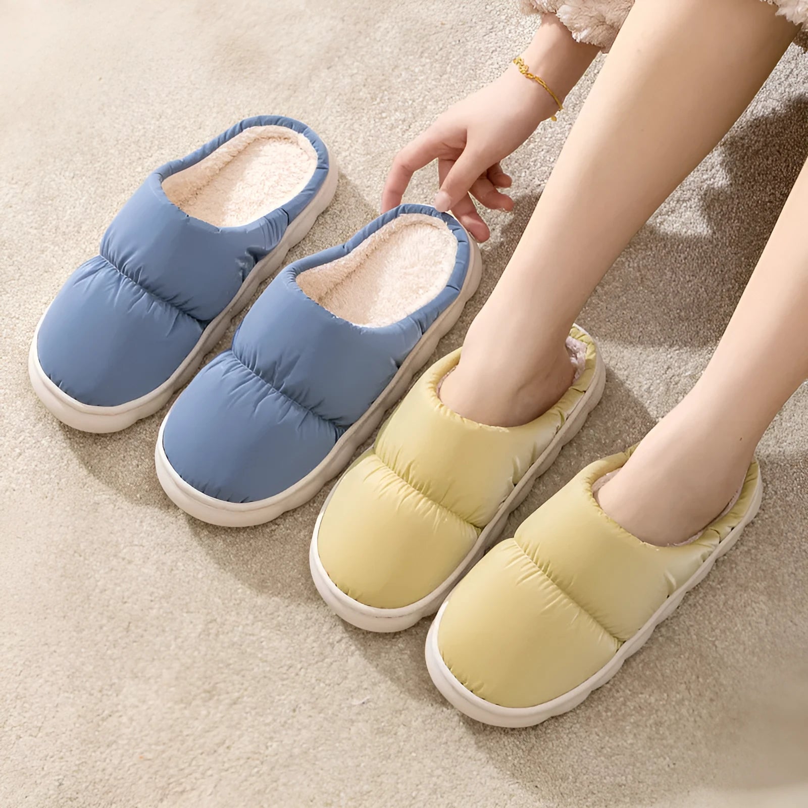 Down cotton indoor slippers with artificial leather upper and rubber sole in various colours