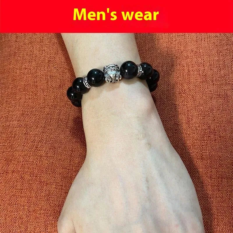 Silver 999 natural obsidian bracelet with Jucai NAFU lucky colour eye design in simple unisex style