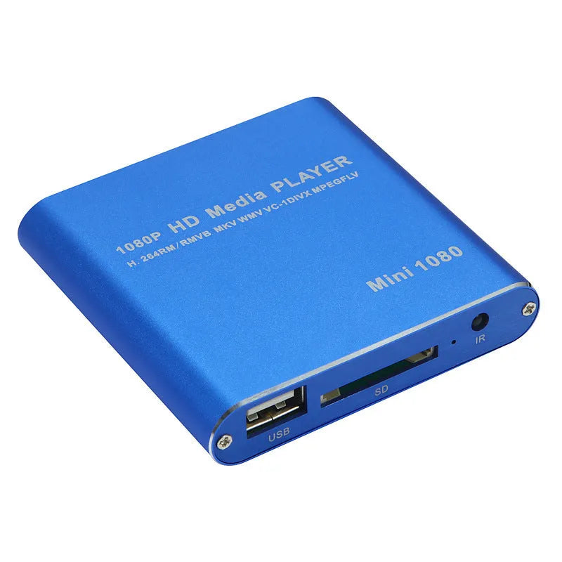 Compact blue and black 1080p Full HD media player with HDMI port and remote control
