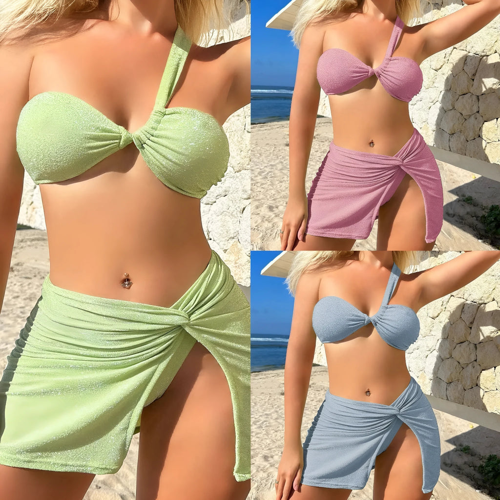 Three-piece one-shoulder swimsuit set in polyester with matching skirt