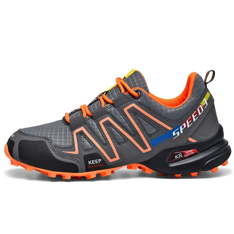 Men's gray orange casual running shoe with synthetic leather upper and low-top design.