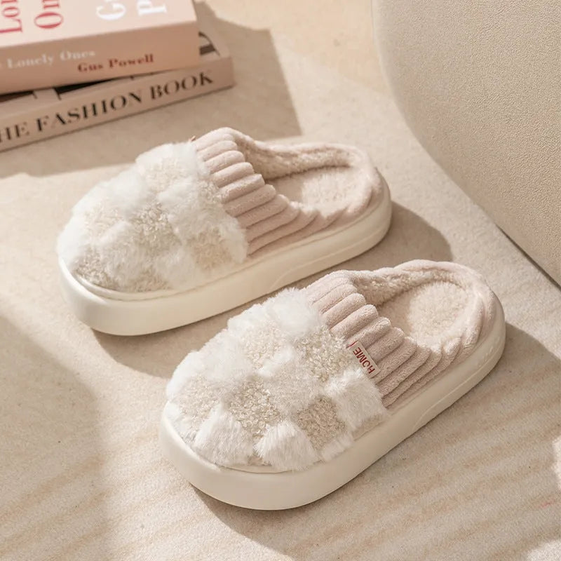 Plaid plush indoor slippers for women in five colours with thick lining and non-slip PVC sole