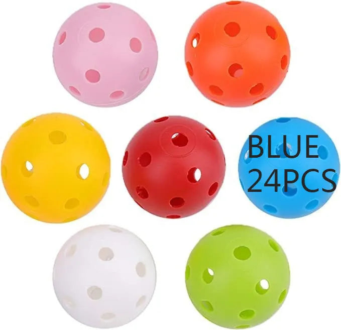 Six multi-colour 42mm golf practice balls in red, orange, blue, green, white, and yellow in a net.