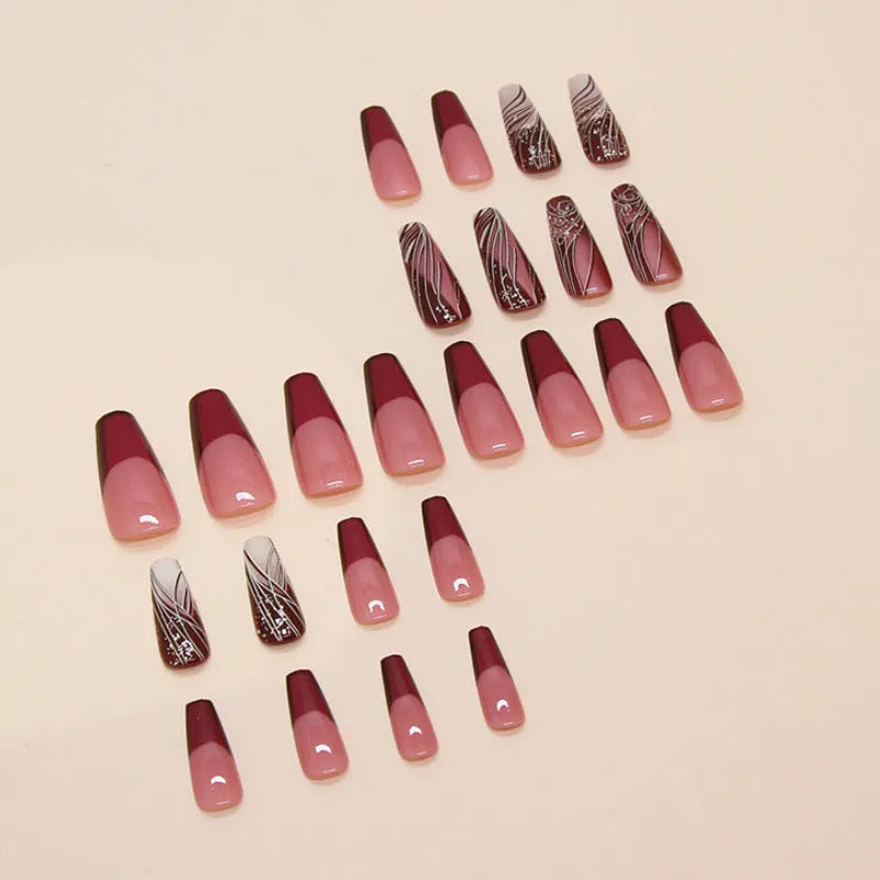 French line W1620 pattern fake nails set with 24 ABS plastic patches and glue