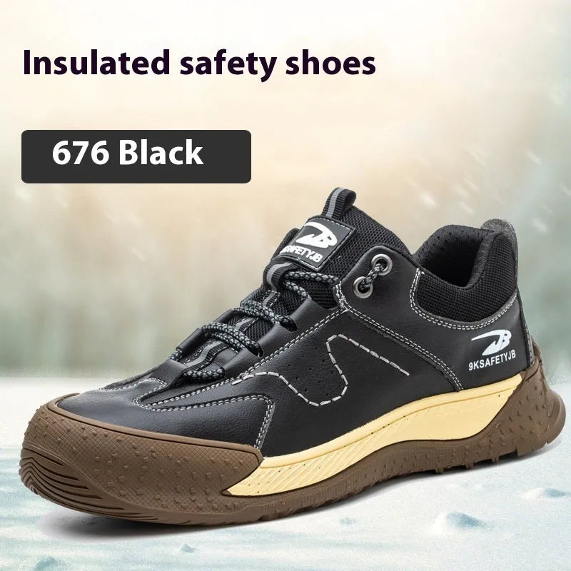Men's Flyknit leather work safety shoes with a rubber sole in black, shown in a side profile.