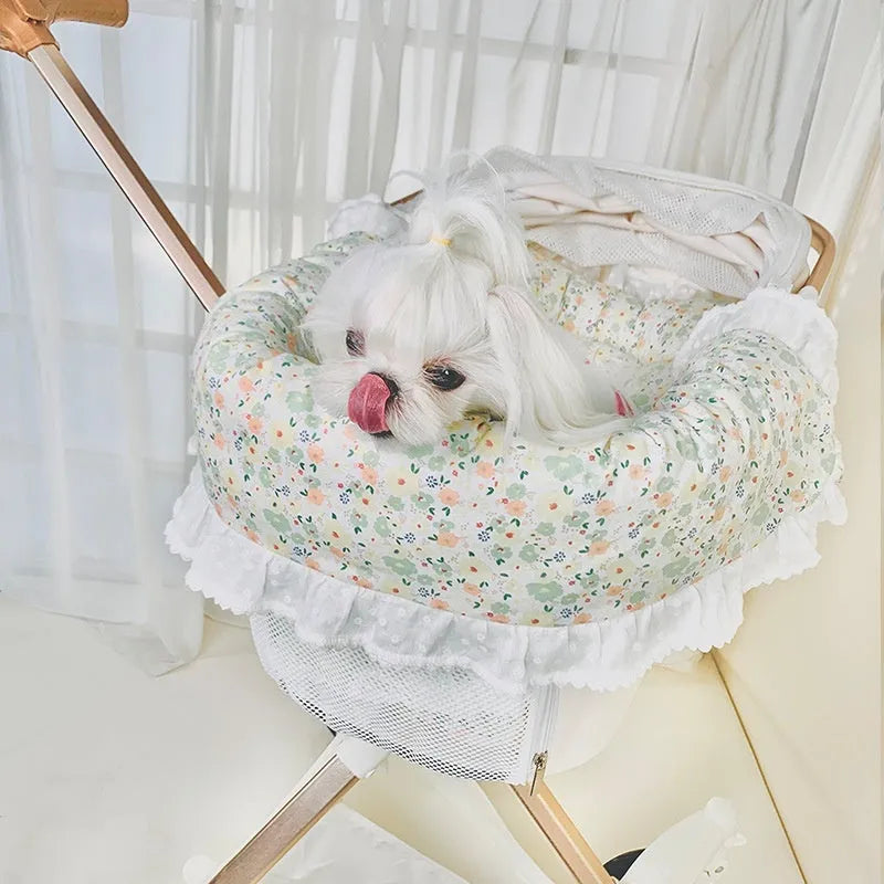 Pure cotton pet stroller three-piece set with towel, cushion and pillow in floral pattern