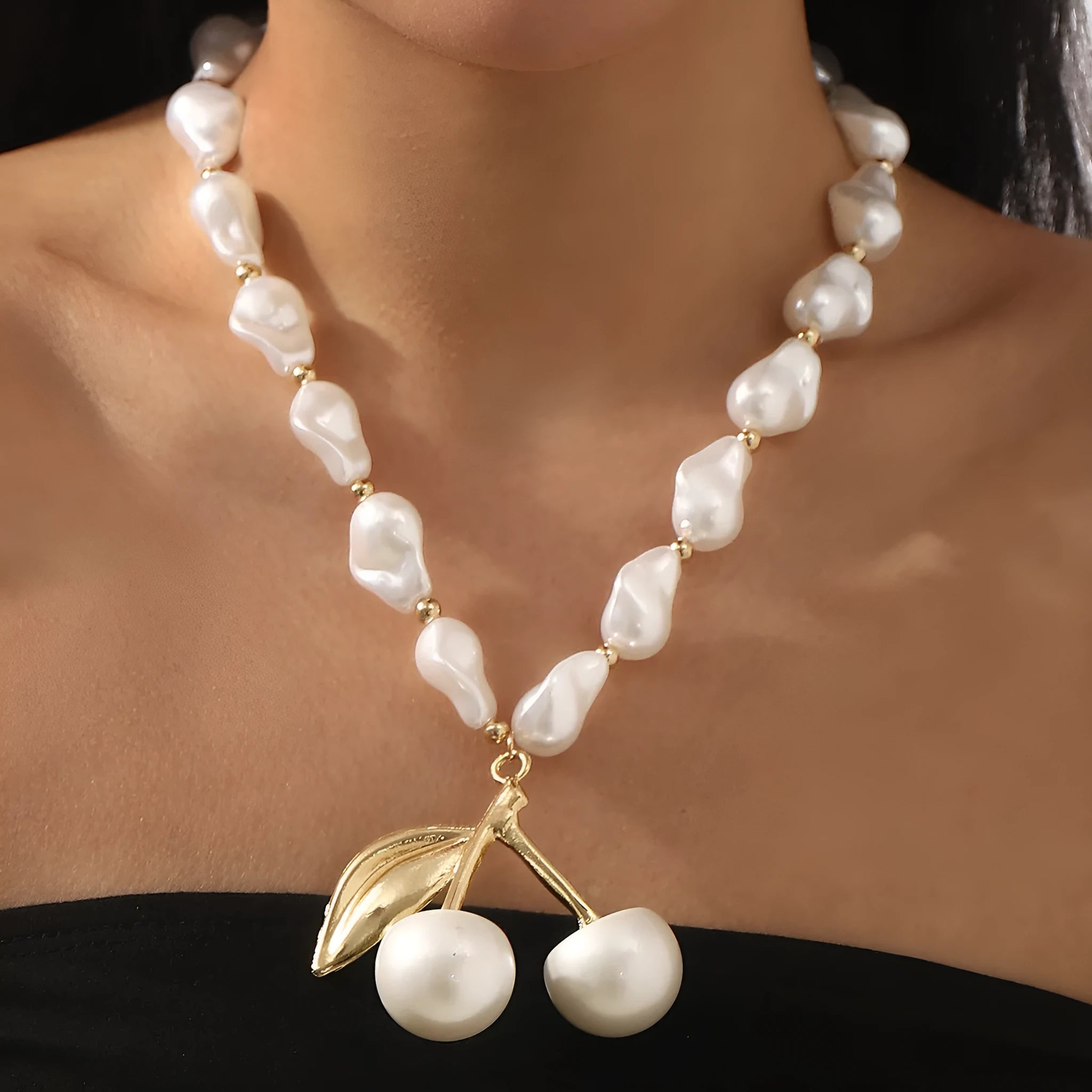 Gold geometric cherry fruit necklace with imitation pearls on adjustable chain for women
