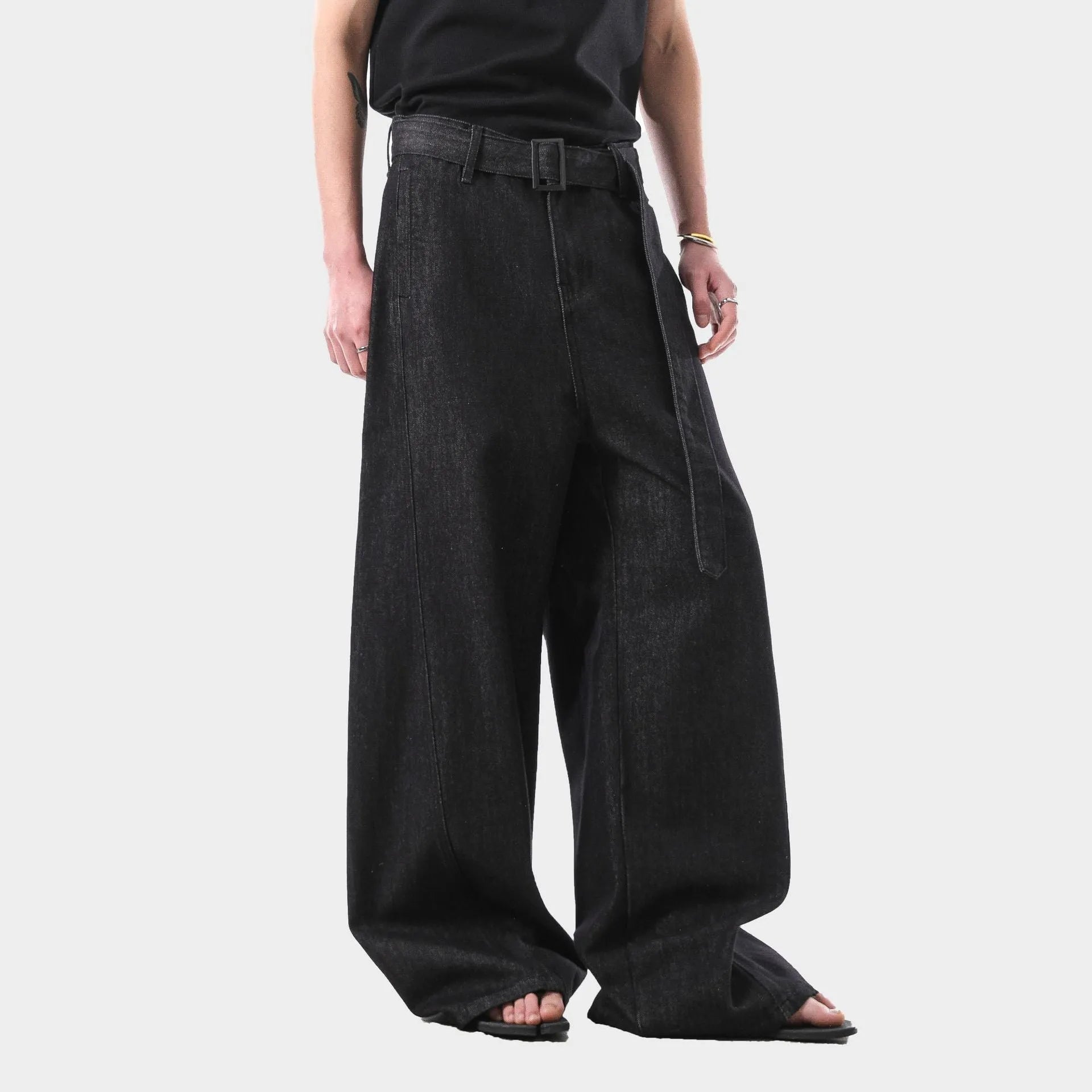 Women's black gold high waist straight leg denim jeans on a hanger.