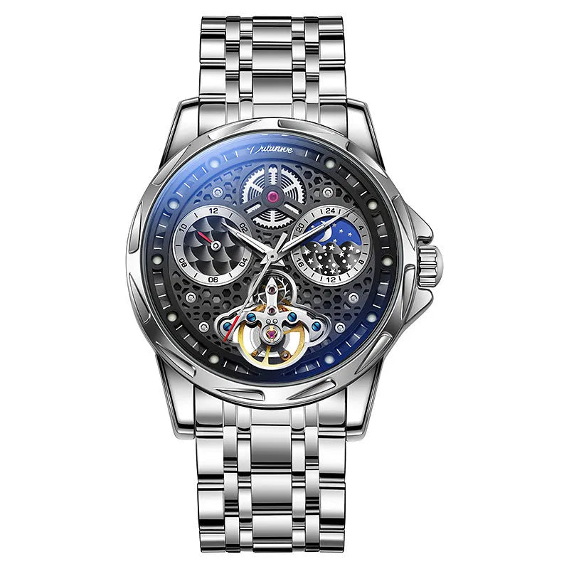 Men's 6060C automatic waterproof luminous watch with steel case and optional leather strap in black or white.