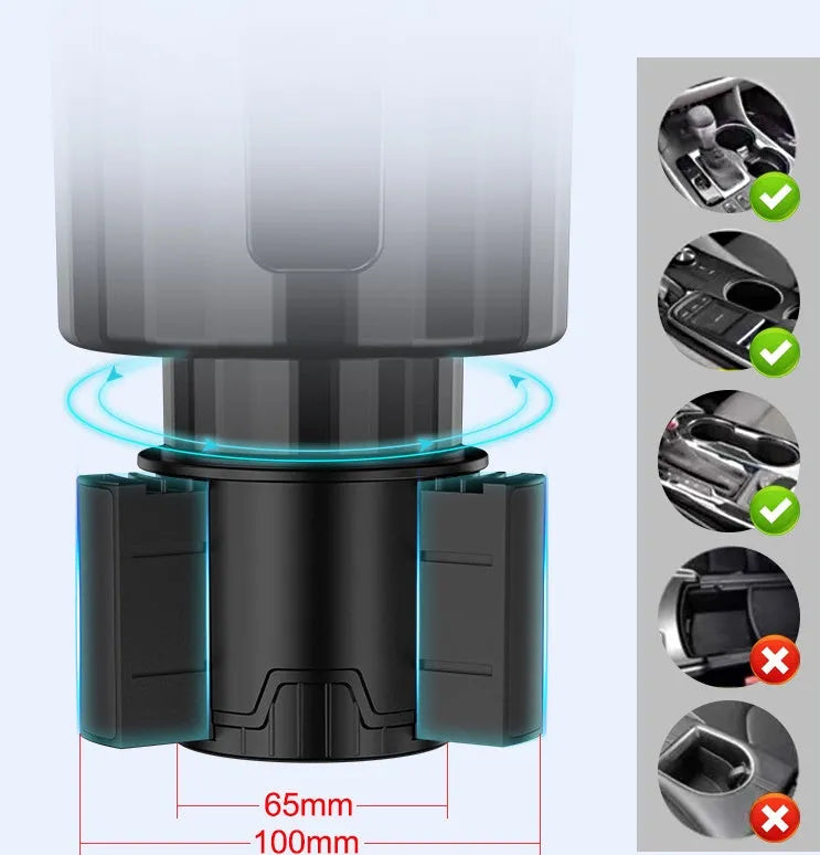 Matte black adjustable car cup holder expander for extra large bottles and cups.