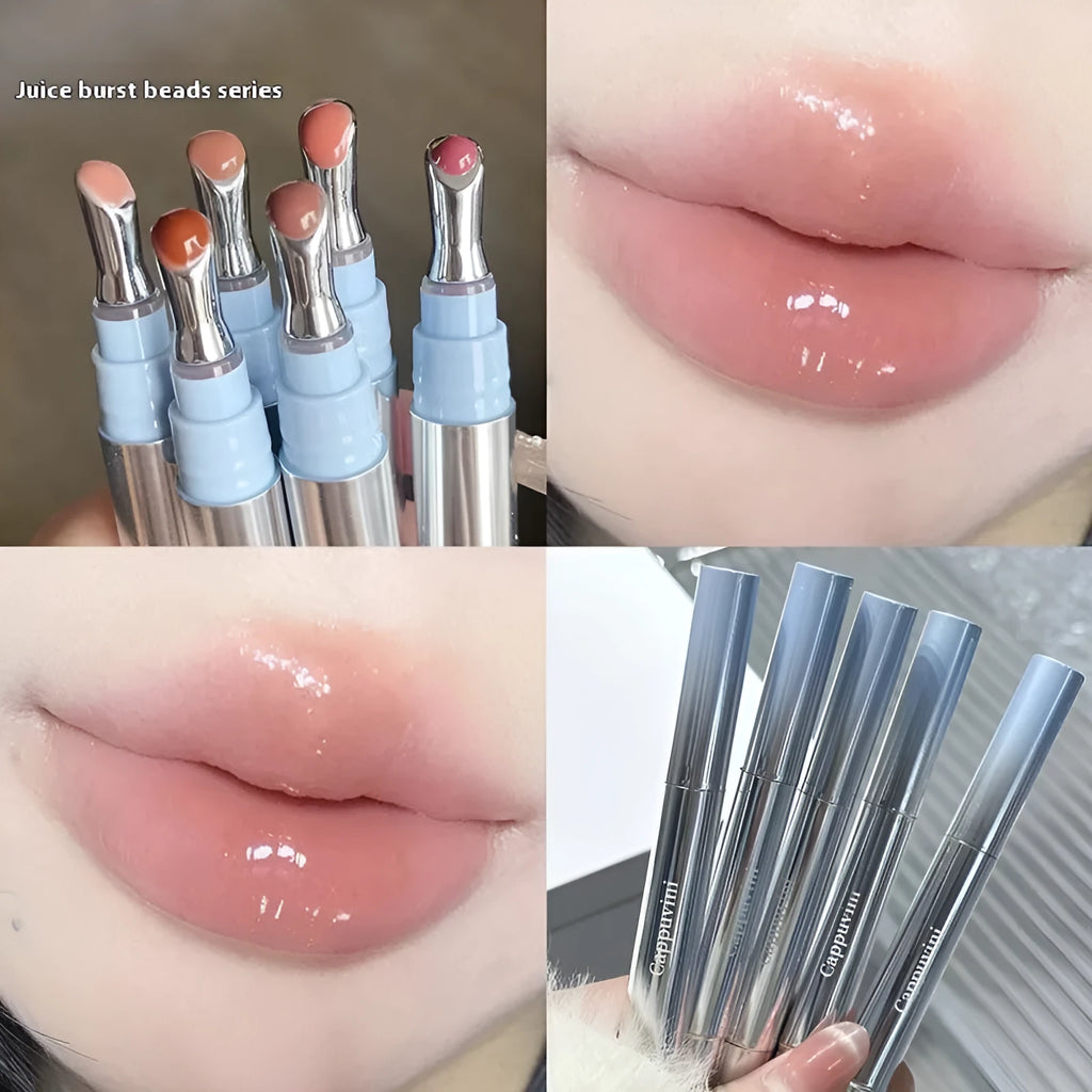 Mirror Water Light Lip Gloss Lipstick in six sheer ice colours including almond, raspberry, and pear.