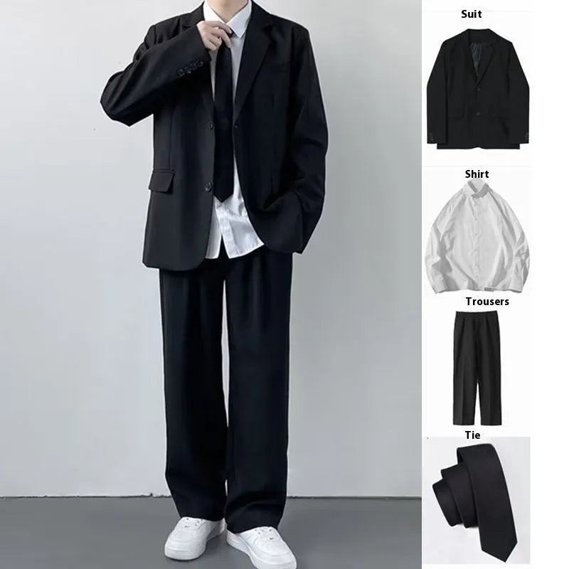 Plus size man modelling a loose fit black suit jacket and trousers with a white shirt and tie.