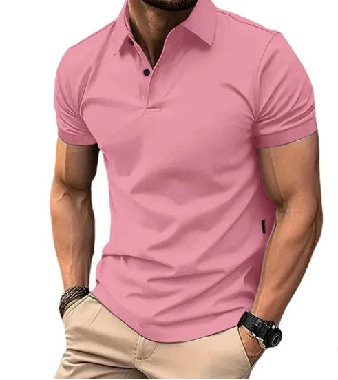Men's solid colour slim fit short sleeve casual shirt with button front on a hanger.