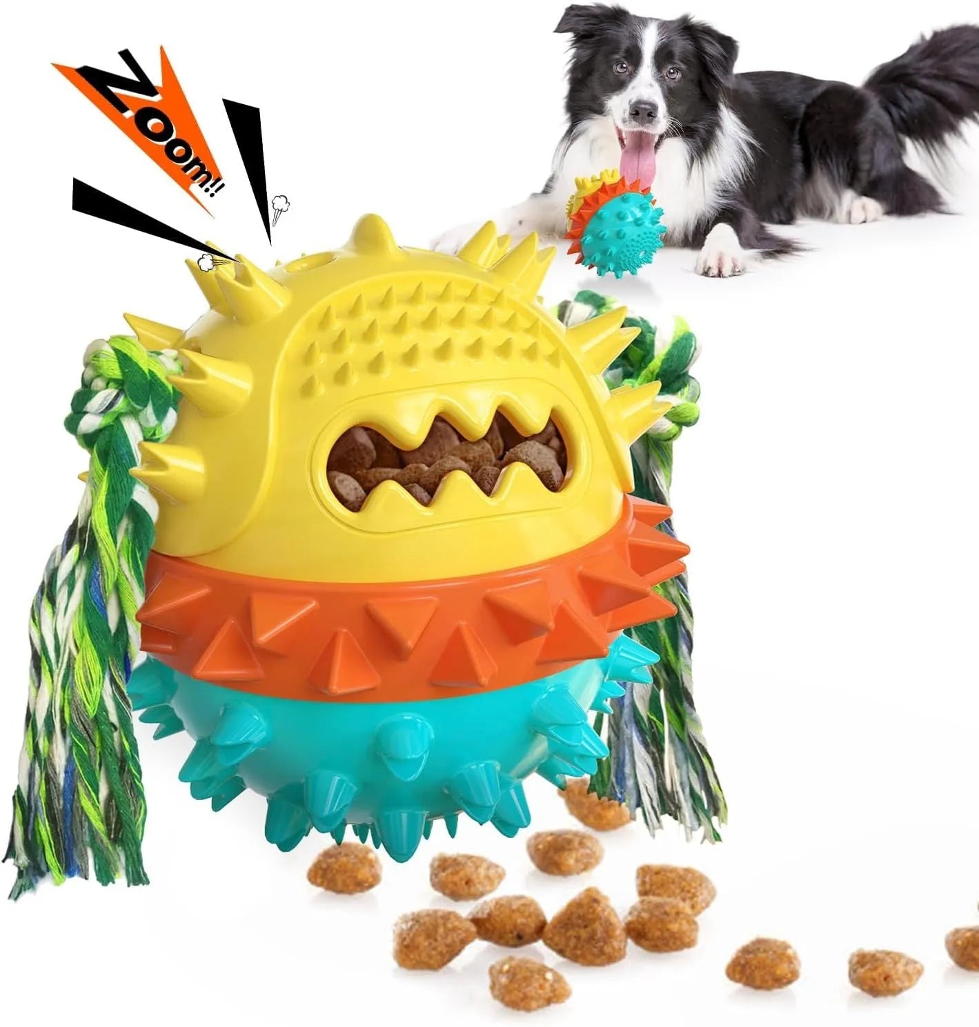 Blue and red ball-shaped dog chew toy with texture and a treat dispenser hole.