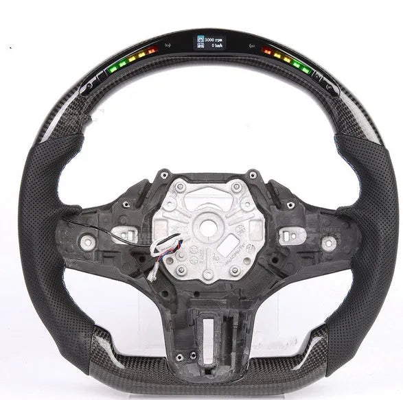 Black carbon fibre sports steering wheel with LED display for BMW X3 and X5