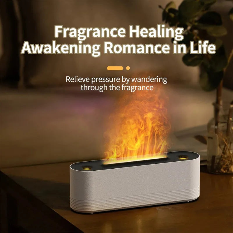 Black ultrasonic humidifier diffuser with colourful LED lights creating flame-like mist effect