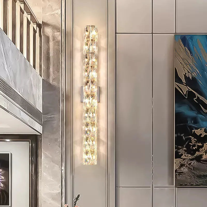 Crystal wall lamp with stainless steel frame in chrome or gold finish