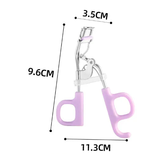 A4 chrome scissors handle eyelash curler with tail, shown in pink and purple colour options.