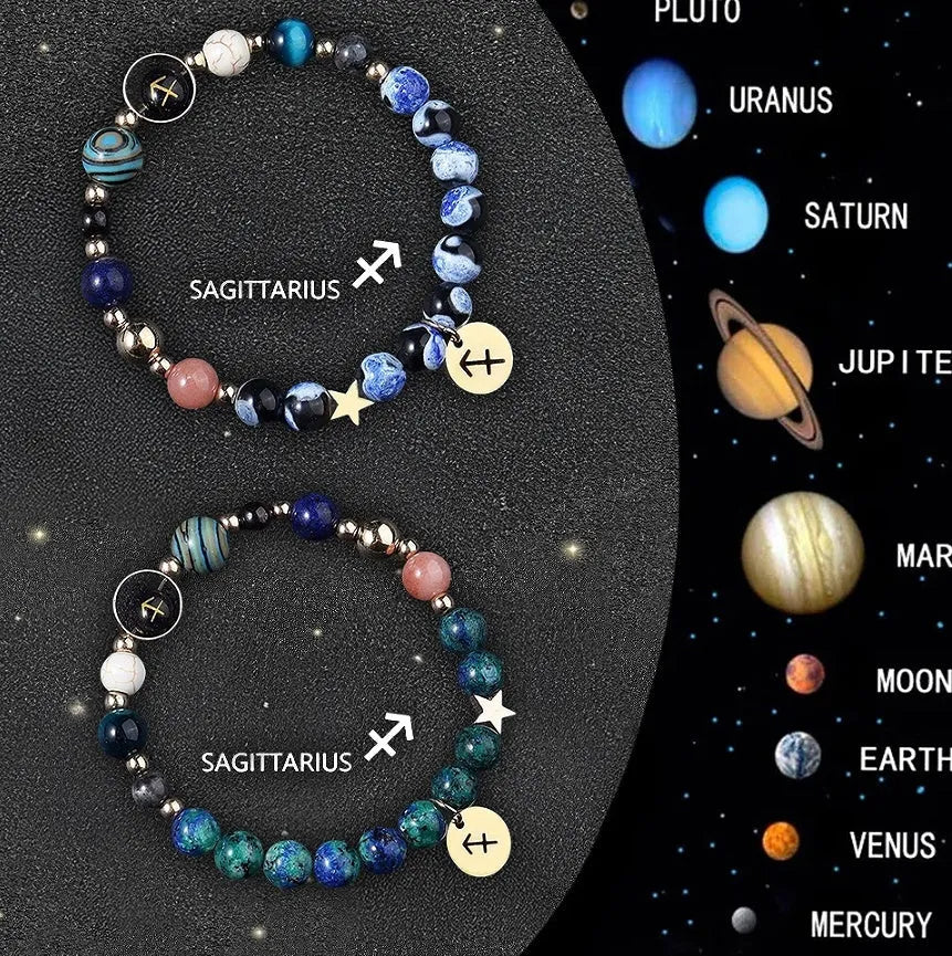 Two natural stone beaded bracelets with zodiac sign charms on a dark background.
