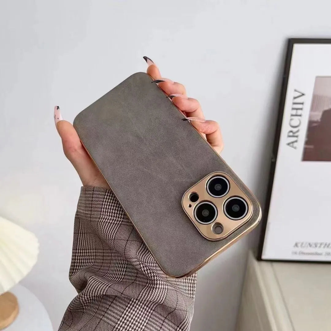 Leather texture phone case for iPhone shown in black, blue, grey, and grey-green colours.