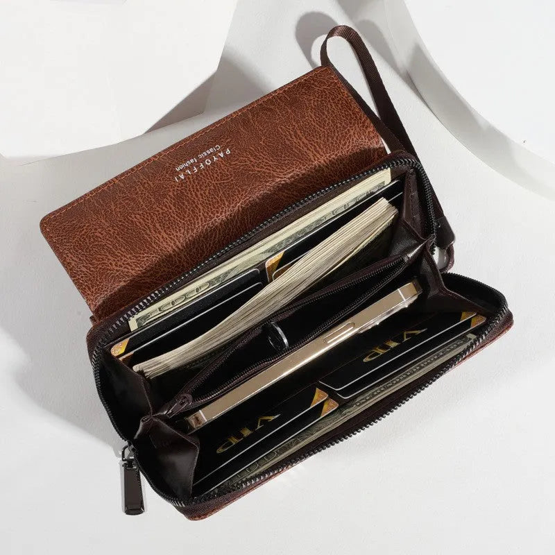Men's black PU leather long wallet showing multiple card slots and note compartment.