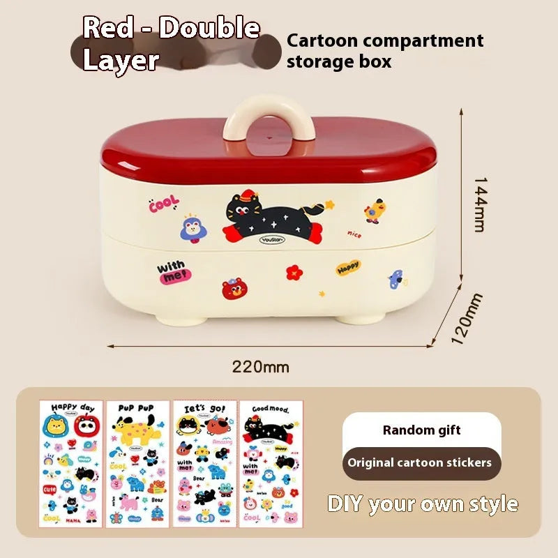 Cartoon design plastic desktop organiser with storage box, pen container, tissue box and coin bank accessories in red and brown colours