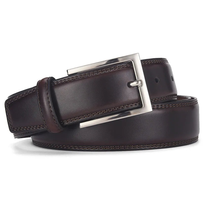 Men's black leather belt with an alloy pin buckle on a white background