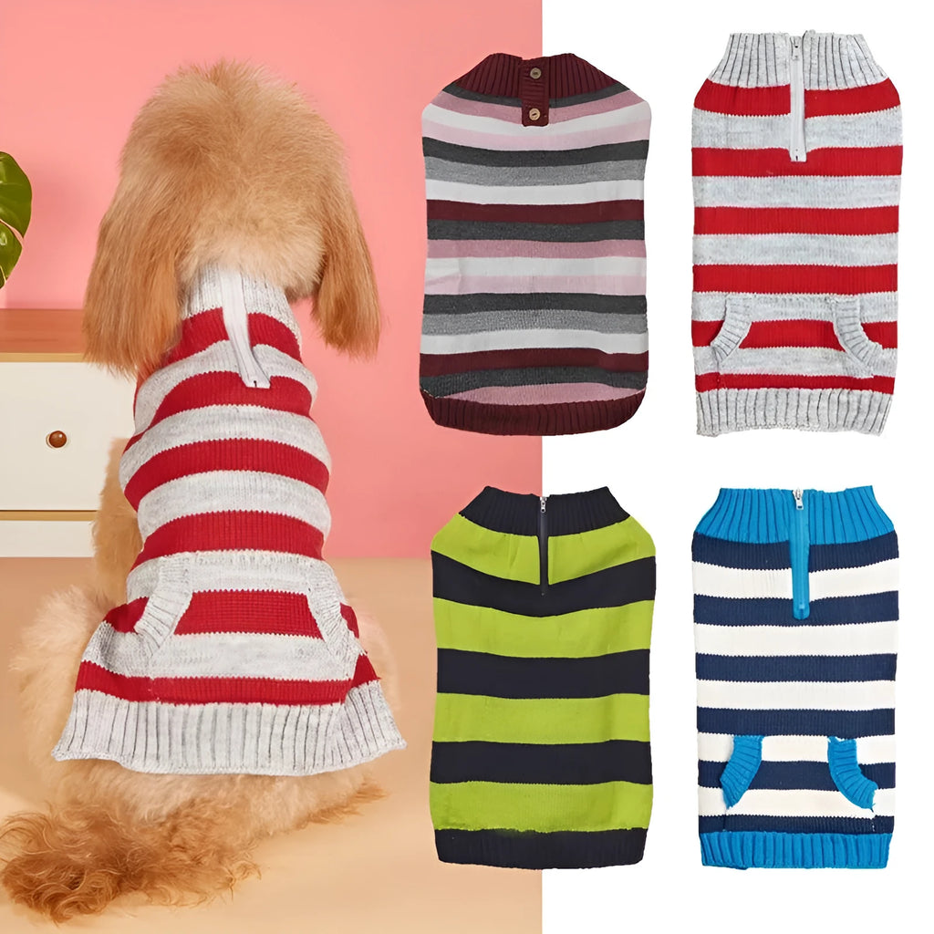 Grey blue green dog sweater with horizontal zipper and chest button pocket for small medium breeds
