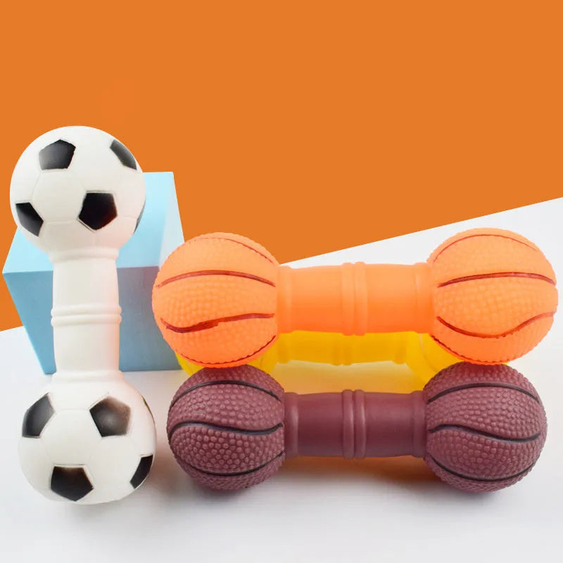 Brown PVC football dumbbell shaped dog toy with squeaker for chewing play