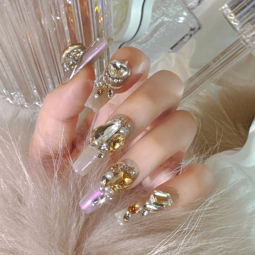 Luxury rhinestone false nail patches with flash-style decoration on card paper packaging