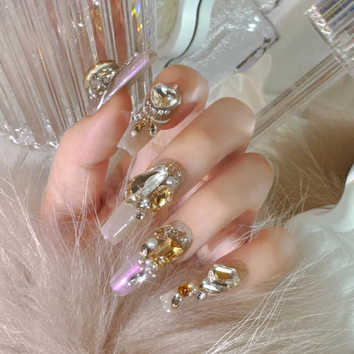 Luxury rhinestone false nail patches with flash-style decoration on card paper packaging