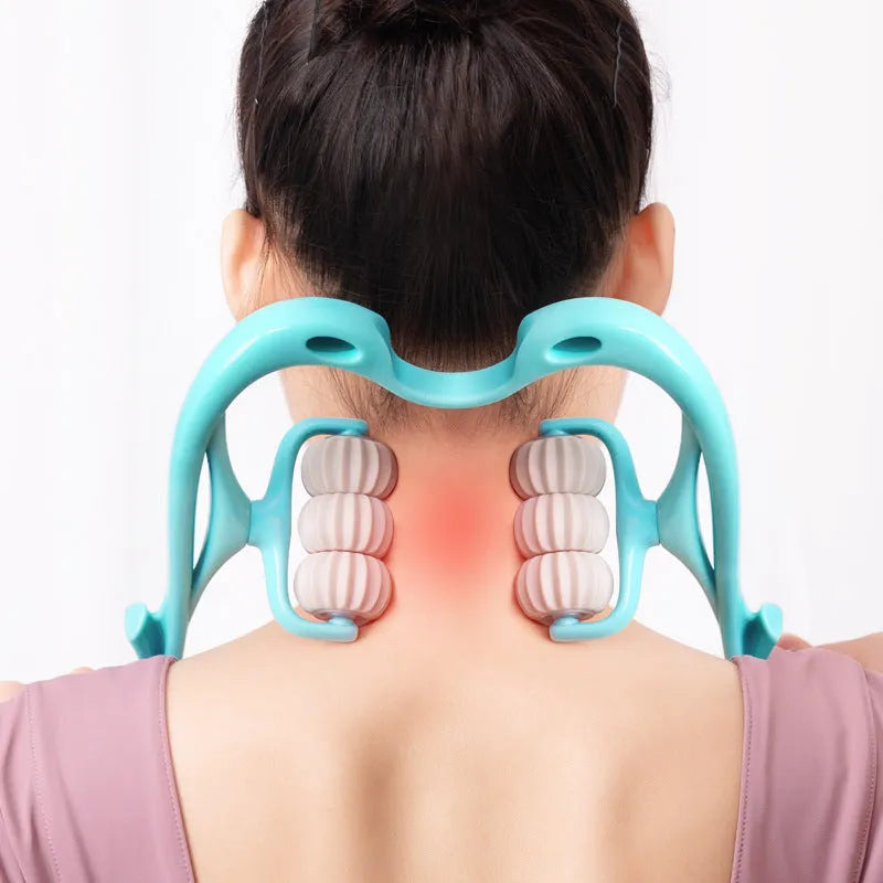 Blue plastic handheld massager with six rotating wheels for neck shoulder and waist