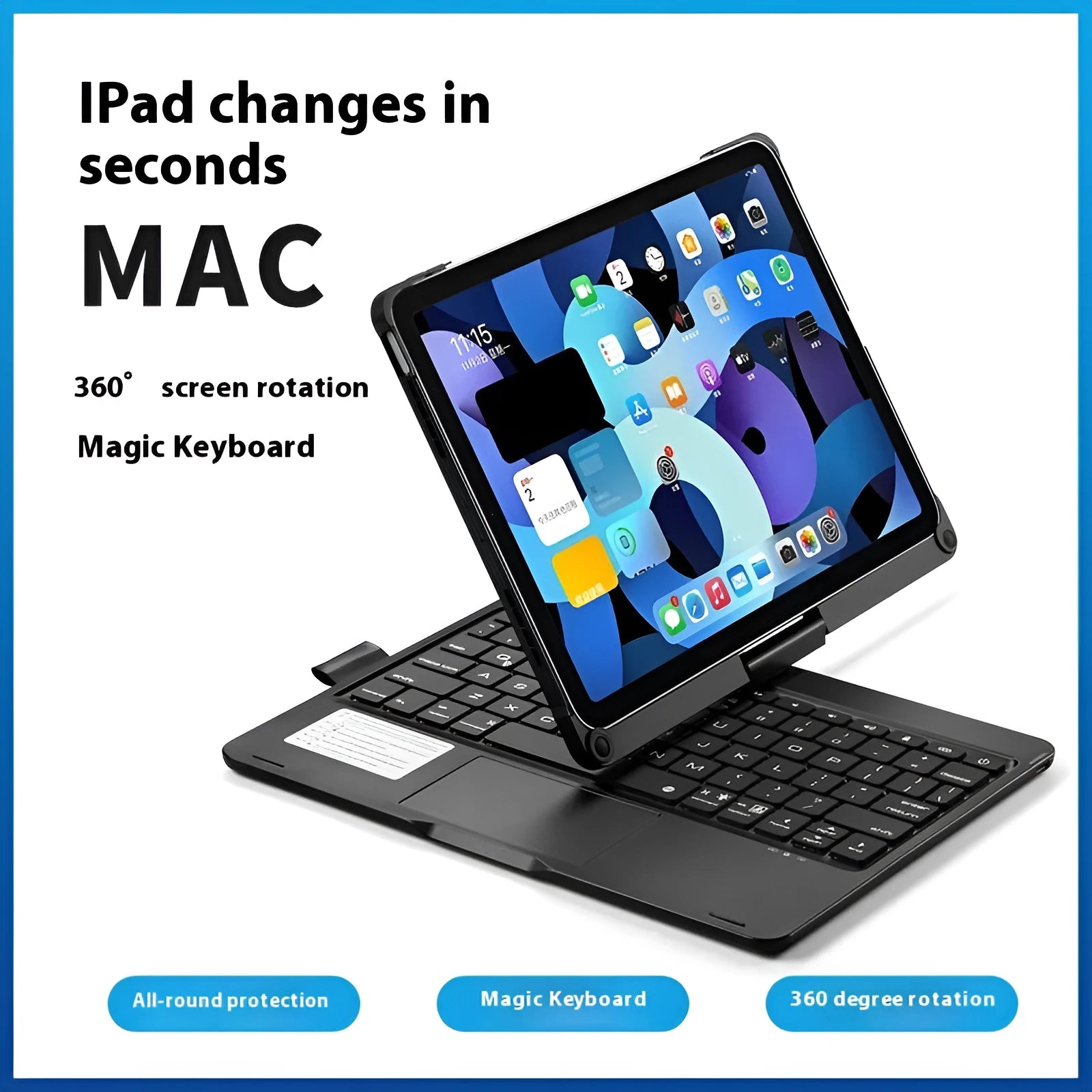Miaocontrol 360-degree rotating Bluetooth keyboard for iPad Air and Pro tablets in black colour