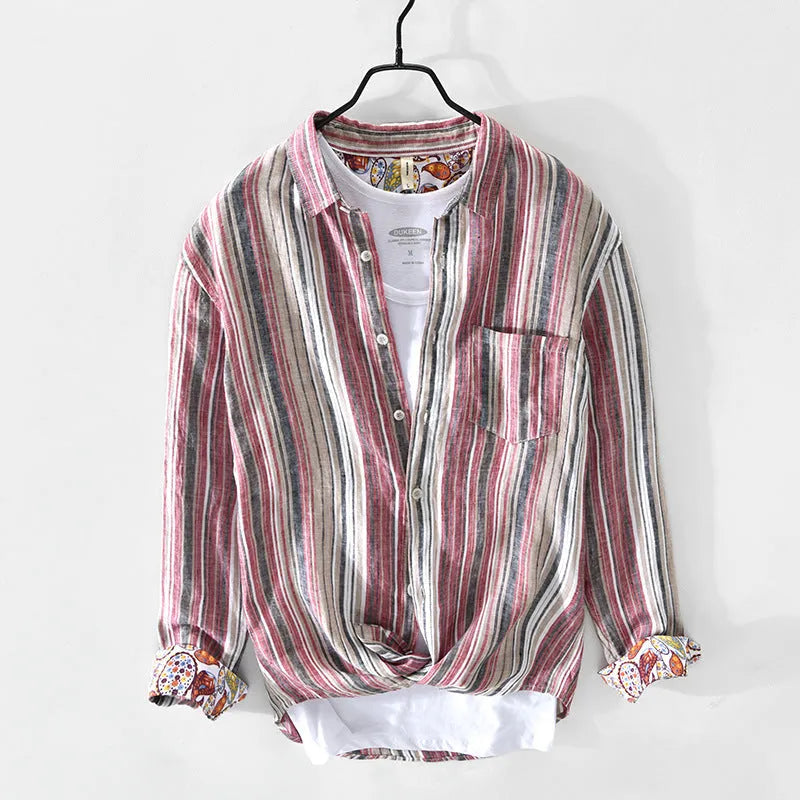 Men's striped linen shirt in red or grey with long sleeves and loose fit for spring summer wear