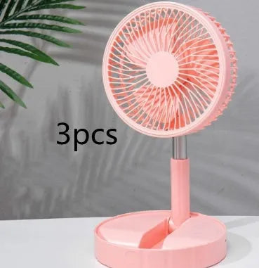 Black portable telescopic folding fan extended to full height showing ABS plastic body and aluminium alloy stand