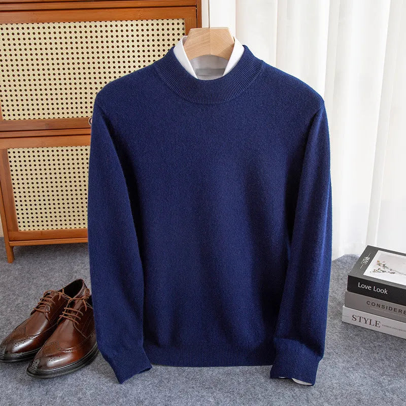 Men's loose fit half-collar wool sweater in a light business style, shown in a range of colours.