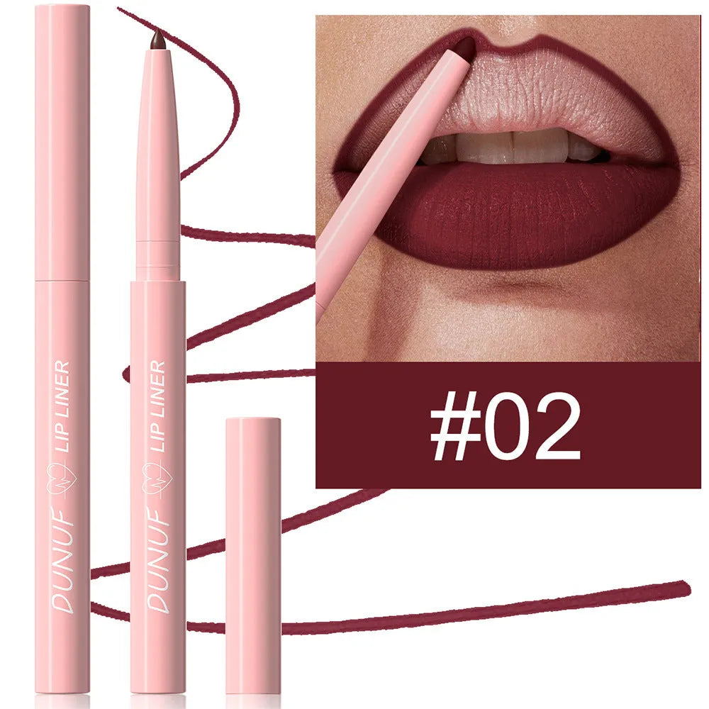 12 Colour Velvet Matte Lip Liner pencil showing range of nude, berry and brown shades.