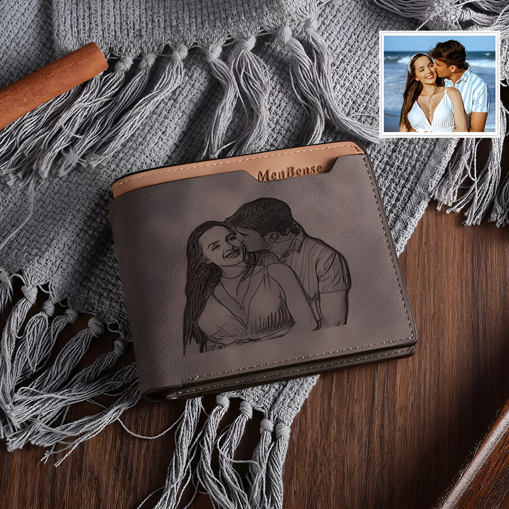 Coffee-coloured engraved horizontal short wallet showing 120x99mm dimensions