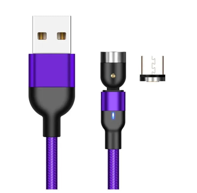 Essager rotating magnetic USB charging cable with LED light in black, shown with Android and Type-C magnetic tips.