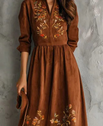 Brown vintage floral embroidered suede-look midi dress in polyester fabric